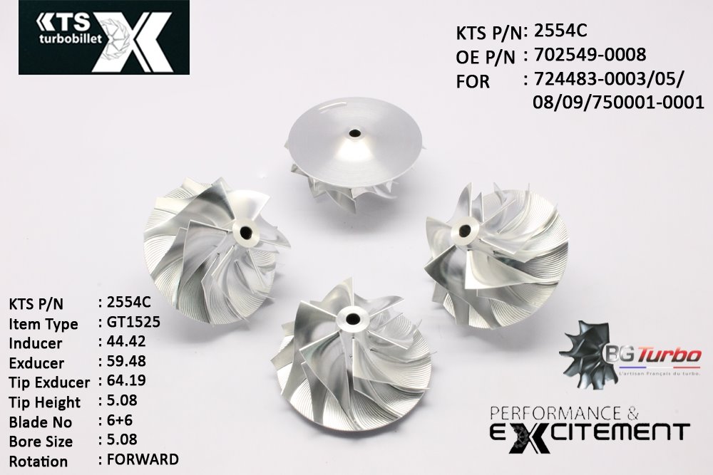 Turbo ROUE FORGÉE MFS PERFORMANCE - 6+6 PALES - INDUCER : 44,42 - EXDUCER : 59,48 - TYPE : GT15-25ANGLE : 70° - ROTATION : Forward - SUPER BACK : 3,68 - BORE SIZE : 5,08
